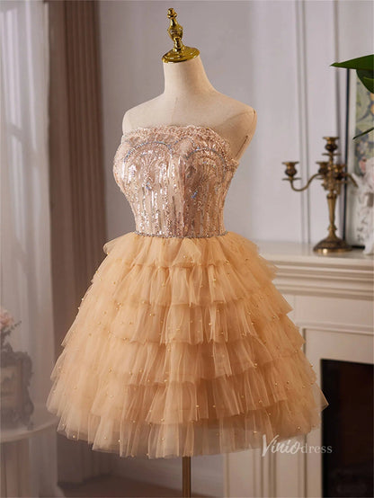 Champagne Ruffled Tiered Homecoming Dresses Strapless Lace Short Prom Dress BJ060-prom dresses 2025 -Viniodress-Champagne-Custom Size-