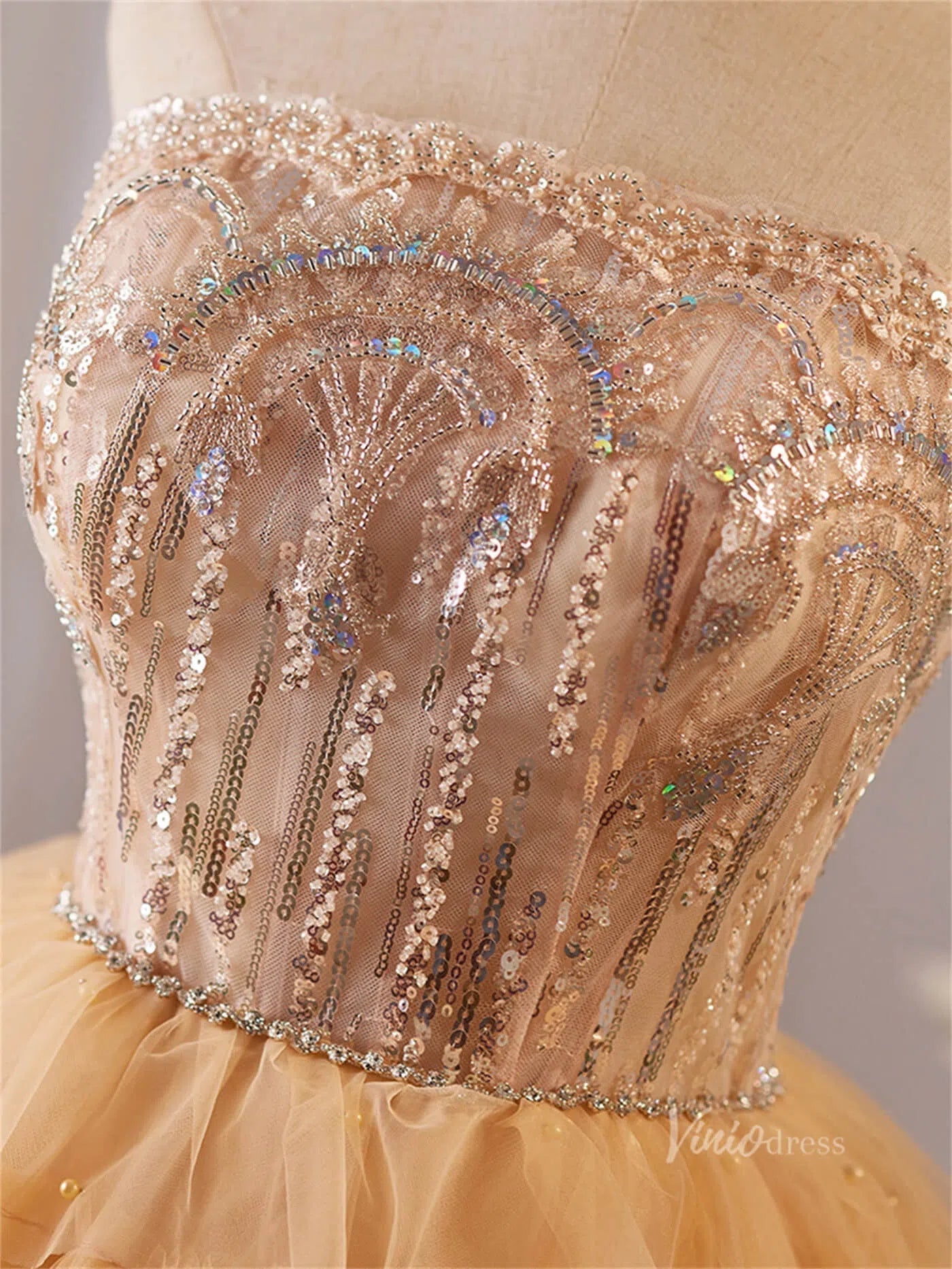 Champagne Ruffled Tiered Homecoming Dresses Strapless Lace Short Prom Dress BJ060-prom dresses 2025 -Viniodress-Champagne-Custom Size-