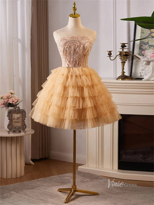 Champagne Ruffled Tiered Homecoming Dresses Strapless Lace Short Prom Dress BJ060 - Viniodressprom dressesChampagneCustom Size - Formal Dresses - Ball Gowns