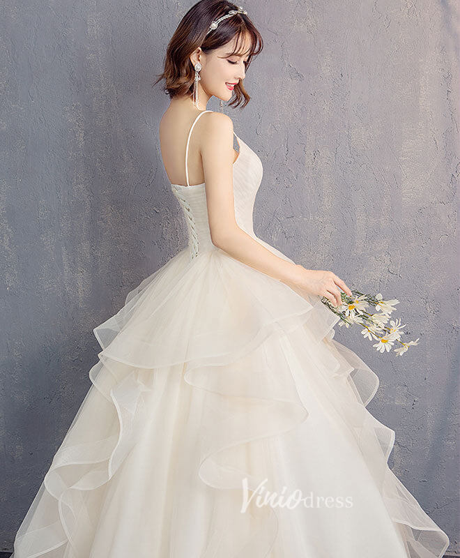 Champagne Ruffled Tiered Prom Dresses Spaghetti Strap Evening Dress FD3155-prom dresses 2025 -Viniodress-Champagne-Custom Size-