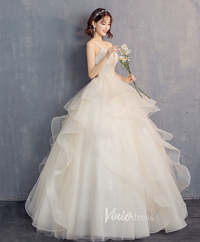Champagne Ruffled Tiered Prom Dresses Spaghetti Strap Evening Dress FD3155-prom dresses 2025 -Viniodress-Champagne-Custom Size-