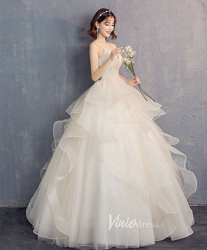Champagne Ruffled Tiered Prom Dresses Spaghetti Strap Evening Dress FD3155-prom dresses 2025 -Viniodress-Champagne-Custom Size-