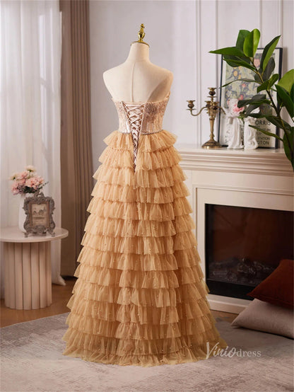 Champagne Ruffled Tiered Strapless Prom Dresses Beaded Lace Formal Dress BJ068-prom dresses 2025 -Viniodress-Champagne-Custom Size-