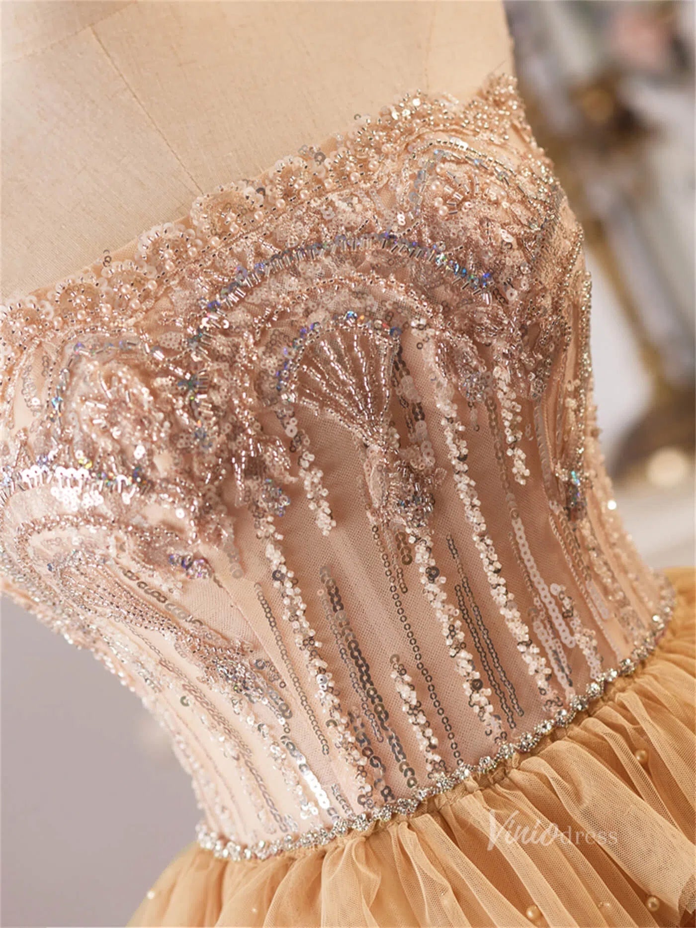 Champagne Ruffled Tiered Strapless Prom Dresses Beaded Lace Formal Dre Viniodress Champagne Ruffled Tiered Strapless Prom Dresses Beaded Lace Formal Dre Viniodress