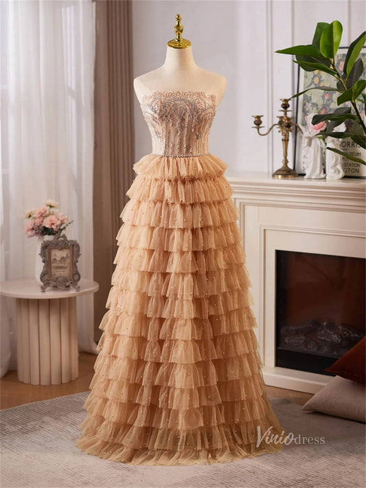 Champagne Ruffled Tiered Strapless Prom Dresses Beaded Lace Formal Dress BJ068 - Viniodressprom dressesChampagneCustom Size - Formal Dresses - Ball Gowns