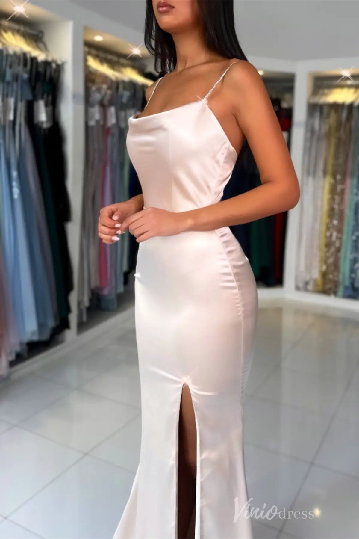 Champagne Satin Mermaid Prom Dress with Spaghetti Straps, Cowl Neckline, Slit – SS023-prom dresses 2025 -Viniodress-Champagne-Custom Size-
