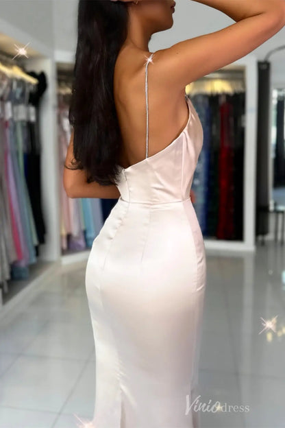 Champagne Satin Mermaid Prom Dress with Spaghetti Straps, Cowl Neckline, Slit – SS023-prom dresses 2025 -Viniodress-Champagne-Custom Size-