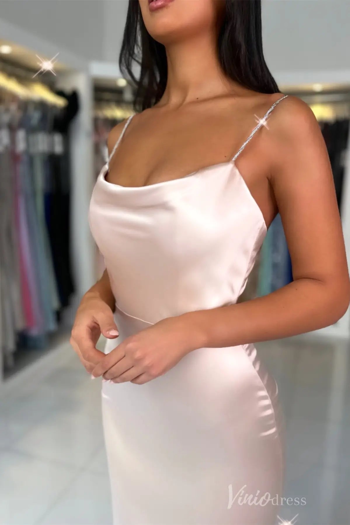 Champagne Satin Mermaid Prom Dress with Spaghetti Straps, Cowl Neckline, Slit – SS023-prom dresses 2025 -Viniodress-Champagne-Custom Size-