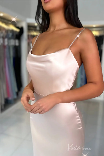 Champagne Satin Mermaid Prom Dress with Spaghetti Straps, Cowl Neckline, Slit – SS023-prom dresses 2025 -Viniodress-Champagne-Custom Size-