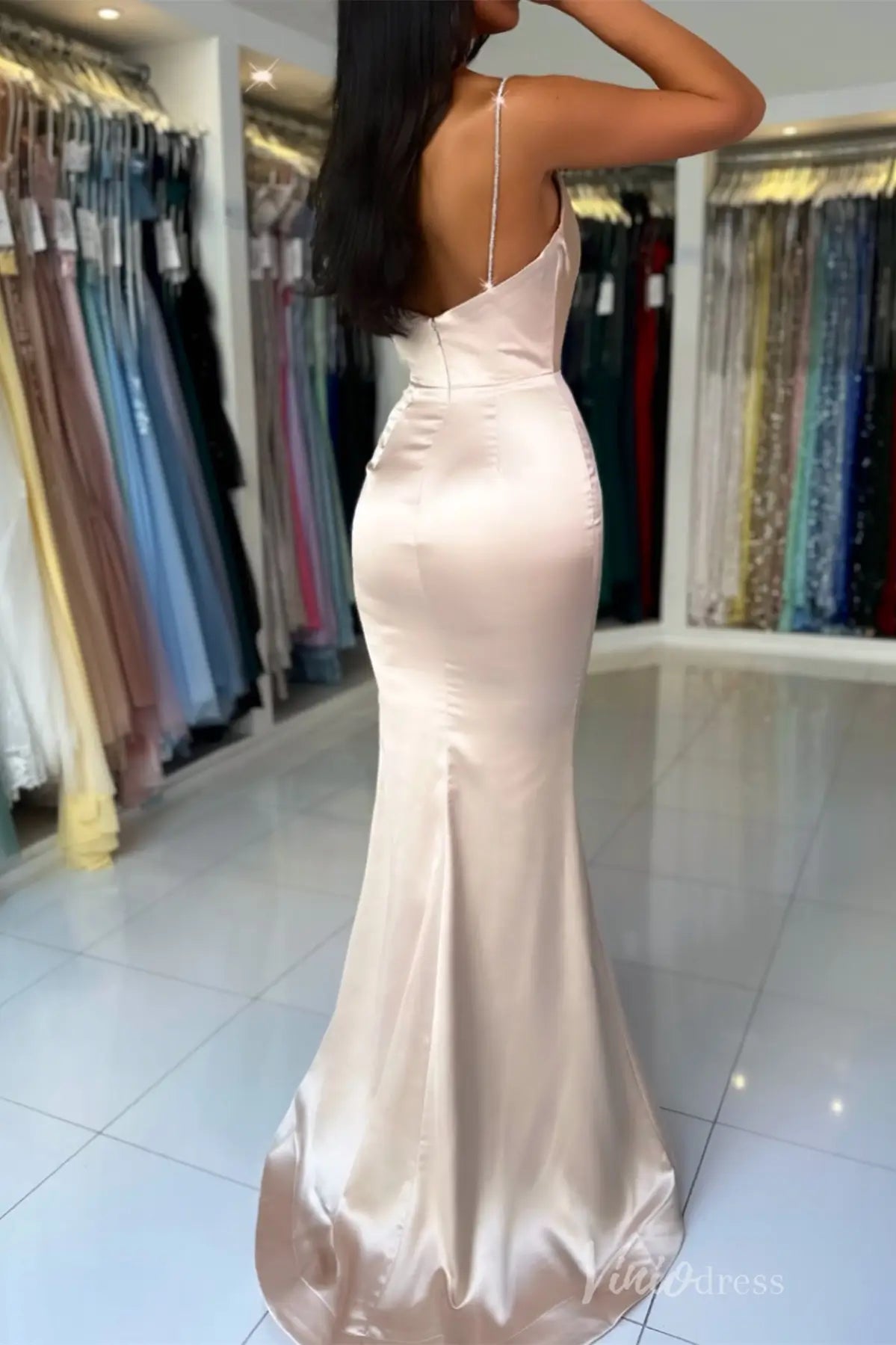 Champagne Satin Mermaid Prom Dress with Spaghetti Straps, Cowl Neckline, Slit – SS023-prom dresses 2025 -Viniodress-Champagne-Custom Size-