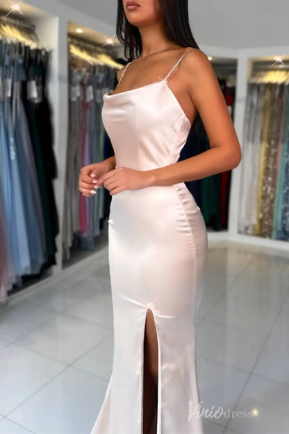 Champagne Satin Mermaid Prom Dress with Spaghetti Straps, Cowl Neckline, Slit – SS023-prom dresses 2025 -Viniodress-Champagne-Custom Size-