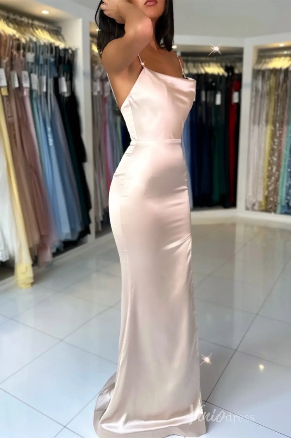 Champagne Satin Mermaid Prom Dress with Spaghetti Straps, Cowl Neckline, Slit – SS023-prom dresses 2025 -Viniodress-Champagne-Custom Size-