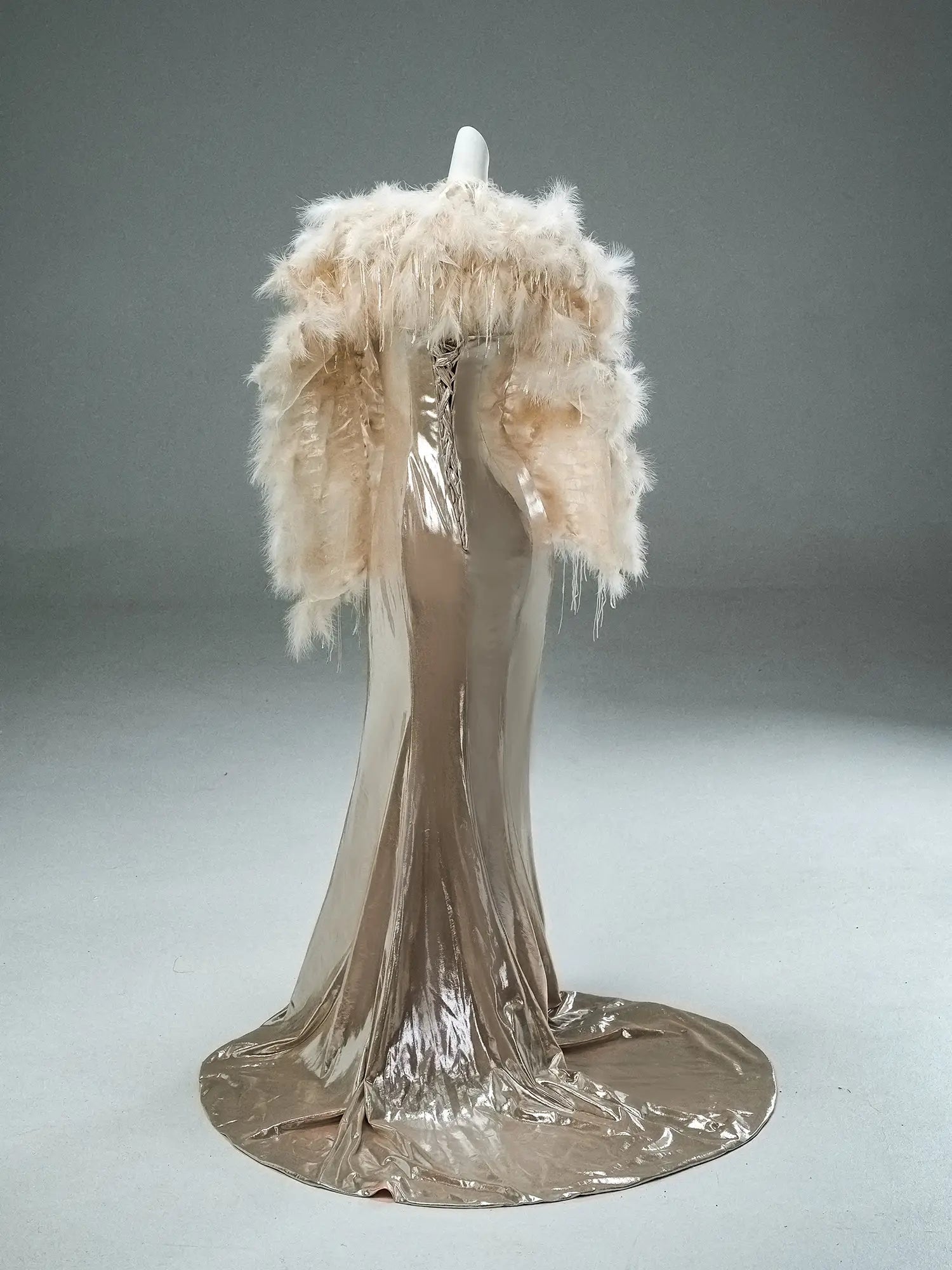 Champagne Satin Sheath Prom Dresses with Removable Feahter Shawl & Spaghetti Straps - CQ0114-Couture Gown 2025 -Viniodress-Champagne-Custom Size-