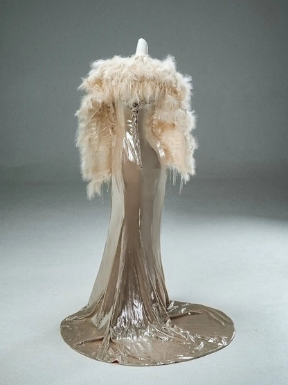 Champagne Satin Sheath Prom Dresses with Removable Feahter Shawl & Spaghetti Straps - CQ0114-Couture Gown 2025 -Viniodress-Champagne-Custom Size-