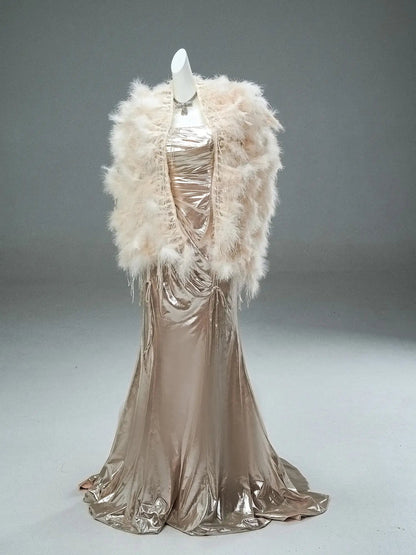 Champagne Satin Sheath Prom Dresses with Removable Feahter Shawl & Spaghetti Straps - CQ0114-Couture Gown 2025 -Viniodress-Champagne-Custom Size-