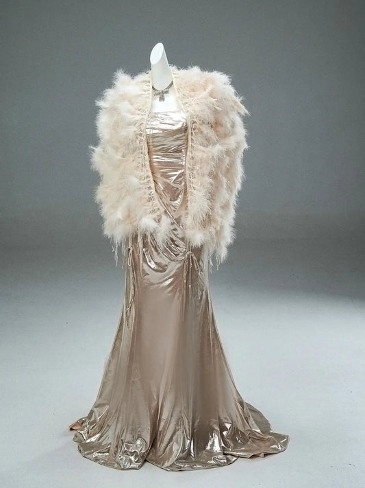 Champagne Satin Sheath Prom Dresses with Removable Feahter Shawl & Spaghetti Straps - CQ0114-Couture Gown 2025 -Viniodress-Champagne-Custom Size-