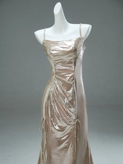Champagne Satin Sheath Prom Dresses with Removable Feahter Shawl & Spaghetti Straps - CQ0114-Couture Gown 2025 -Viniodress-Champagne-Custom Size-