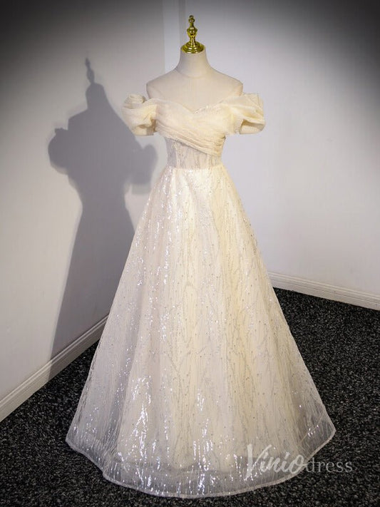 Champagne Sequin Lace Prom Dresses Off the Shoulder Puffed Sleeve 90048-prom dresses 2025 -Viniodress-Champagne-Custom Size-