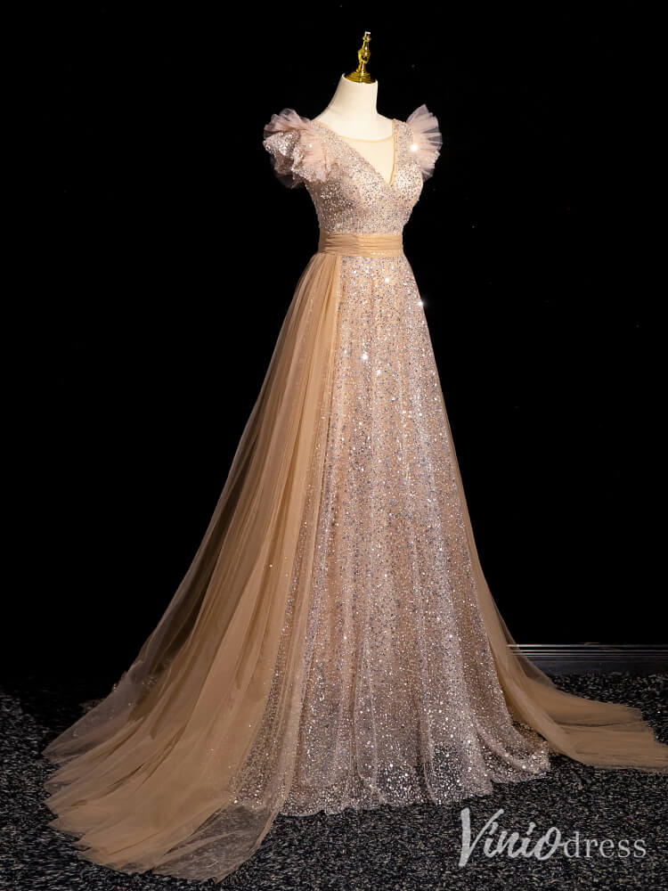 Champagne Sequin Lace Prom Dresses with Overskirt Sparkly Evening Dress 90075-prom dresses 2025 -Viniodress-Champagne-Custom Size-
