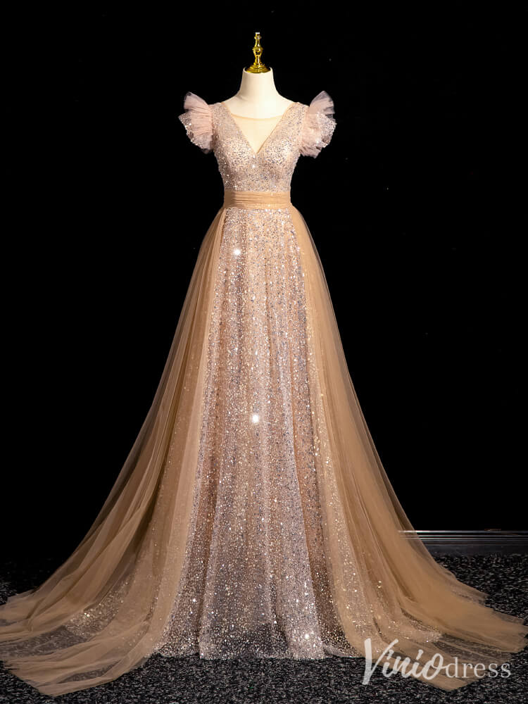 Champagne Sequin Lace Prom Dresses with Overskirt Sparkly Evening Dress 90075-prom dresses 2025 -Viniodress-Champagne-Custom Size-