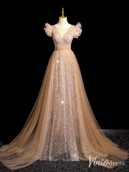 Champagne Sequin Lace Prom Dresses with Overskirt Sparkly Evening Dress 90075-prom dresses 2025 -Viniodress-Champagne-Custom Size-