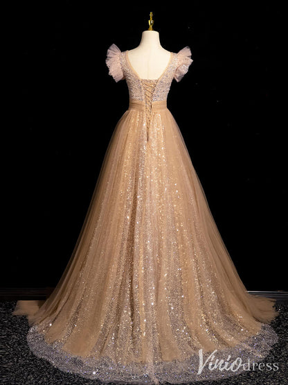 Champagne Sequin Lace Prom Dresses with Overskirt Sparkly Evening Dress 90075-prom dresses 2025 -Viniodress-Champagne-Custom Size-