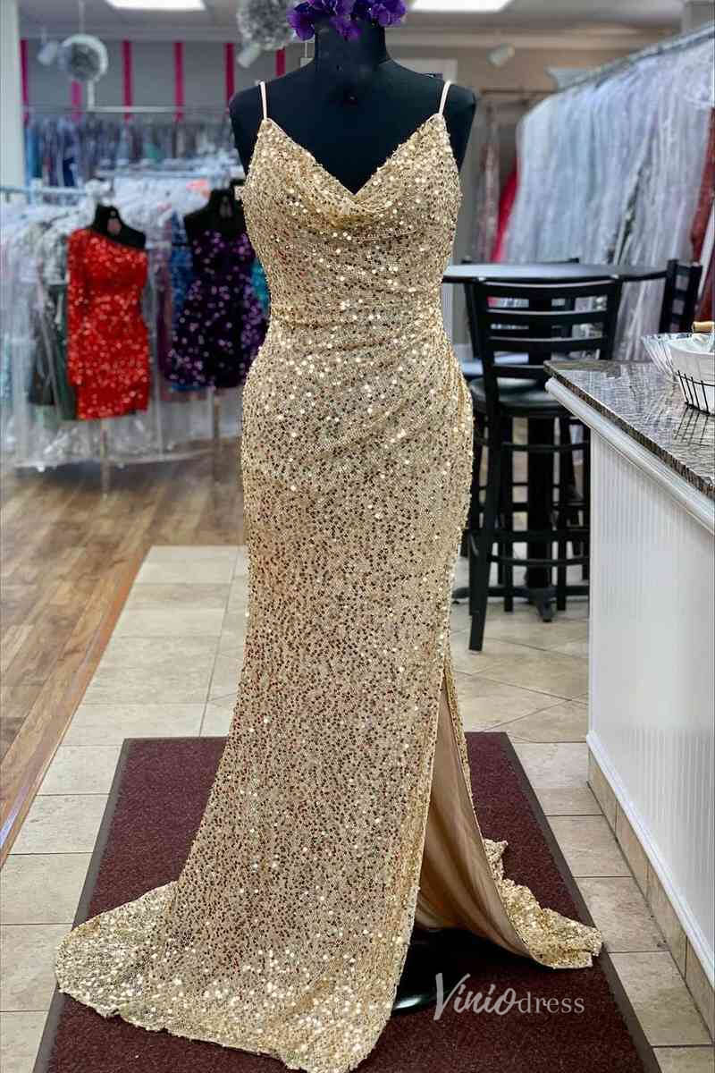 Champagne Sequin Mermaid Cheap Prom Dresses with Slit Pleated Waist Spaghetti Strap FD4100-prom dresses-Viniodress-Champagne-Custom Size-Viniodress