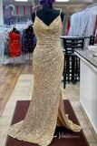 Champagne Sequin Mermaid Cheap Prom Dresses with Slit Pleated Waist Spaghetti Strap FD4100