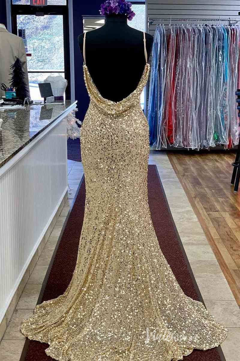 Champagne Sequin Mermaid Prom Dresses with Slit Pleated Waist Spaghetti Strap FD4100 - Viniodressprom dressesChampagneCustom Size - Formal Dresses - Ball Gowns