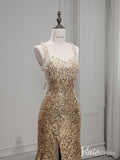 Champagne Sequin Mermaid Prom Dresses with Slit Sparkly Evening Dress AD1325-prom dresses-Viniodress-Viniodress