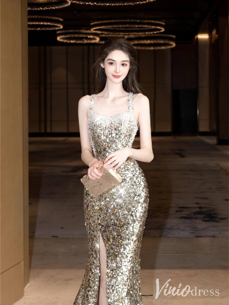 Champagne Sequin Mermaid Prom Dresses with Slit Sparkly Evening Dress AD1325 - Viniodressprom dressesChampagneCustom Size - Formal Dresses - Ball Gowns