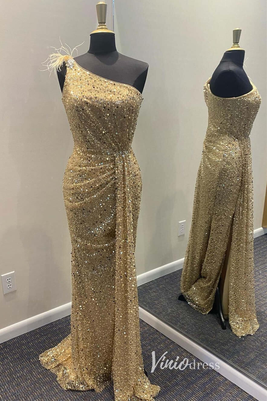 Prom Dress 2025 Champagne Sequin Prom Dresses with Slit Mermaid One Shoulder Evening Dress FD3264-unique prom dresses-Champagne-Custom Size-Viniodress