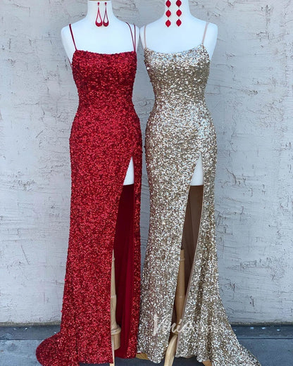 Champagne Sequin Prom Dresses with Slit Mermaid Spaghetti Strap Evening Dress FD3194-prom dresses 2025 -Viniodress-Champagne-Custom Size-