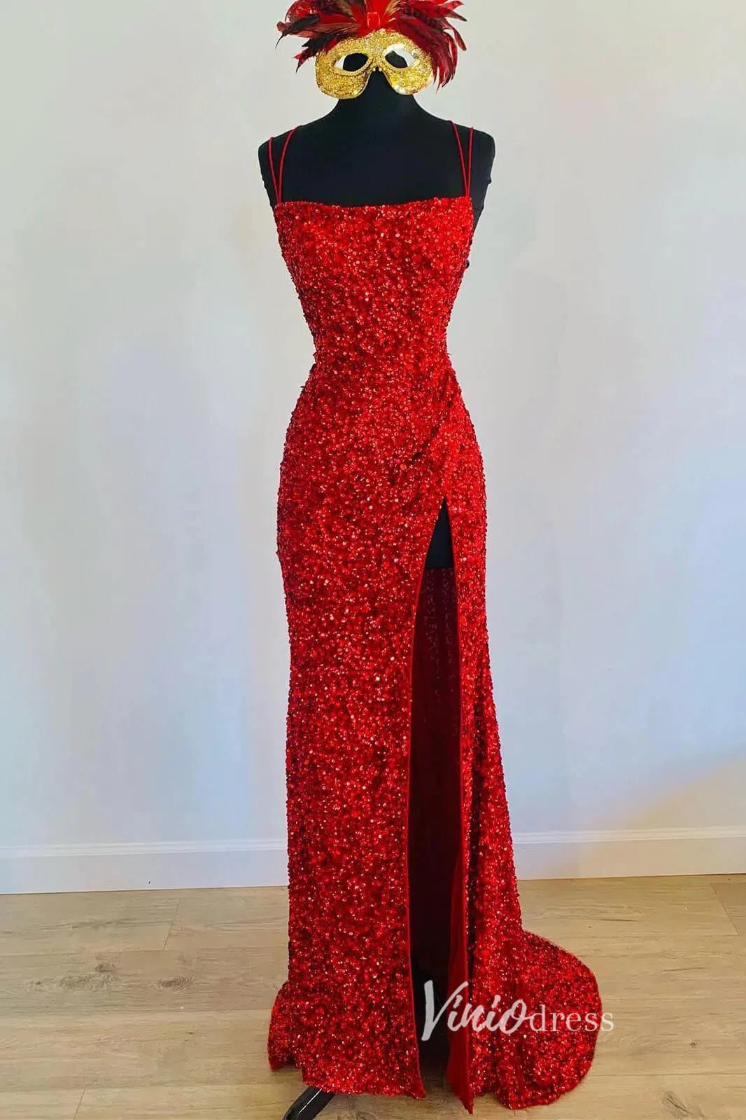 Champagne Sequin Prom Dresses with Slit Mermaid Spaghetti Strap Evening Dress FD3194-prom dresses-Viniodress-Red-Custom Size-Viniodress