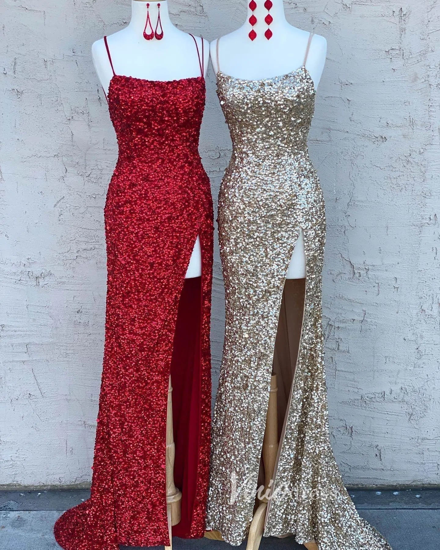 Prom Dress 2025 Champagne Sequin Prom Dresses with Slit Mermaid Spaghetti Strap Evening Dress FD3194-unique prom dresses-Champagne-Custom Size-Viniodress