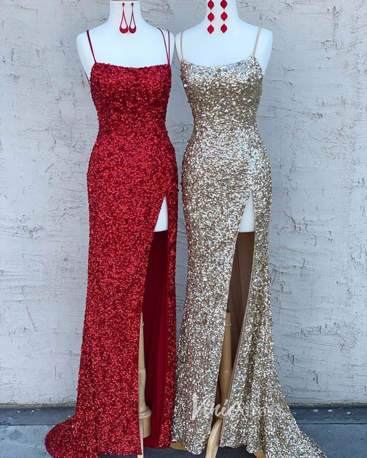 Prom Dress 2025 Champagne Sequin Prom Dresses with Slit Mermaid Spaghetti Strap Evening Dress FD3194-unique prom dresses-Champagne-Custom Size-Viniodress