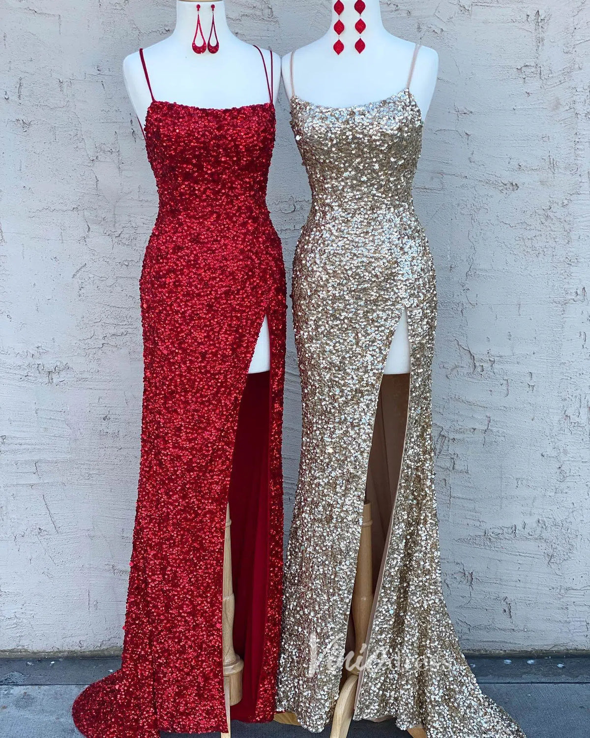 Champagne Sequin Prom Dresses with Slit Mermaid Spaghetti Strap Evening Dress FD3194-prom dresses-Viniodress-Viniodress