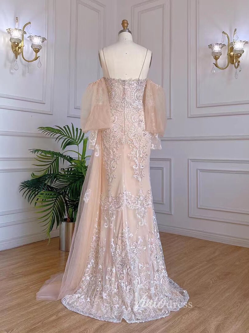 Champagne Sheath Lace Appliqued Prom Dresses Puff Sleeve Evening Dress 20069-Evening Dresses 2025 -Viniodress-Champagne-US 2-