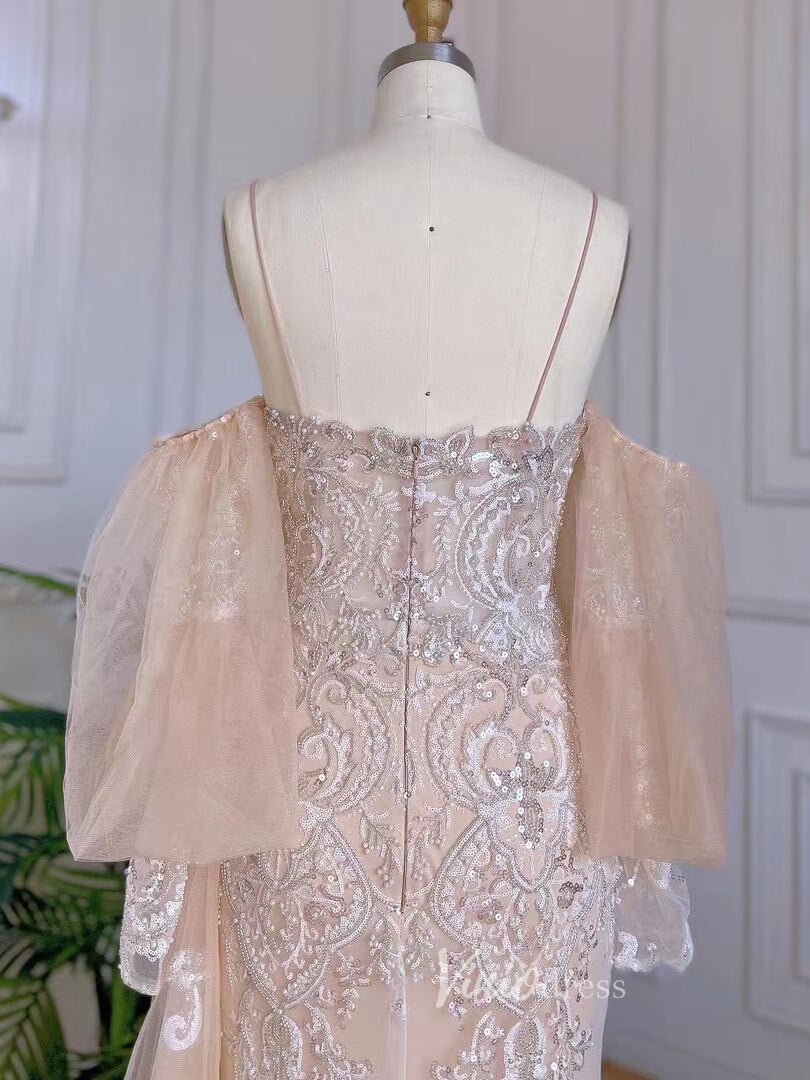 Champagne Sheath Lace Appliqued Prom Dresses Puff Sleeve Evening Dress 20069-Evening Dresses 2025 -Viniodress-Champagne-US 2-