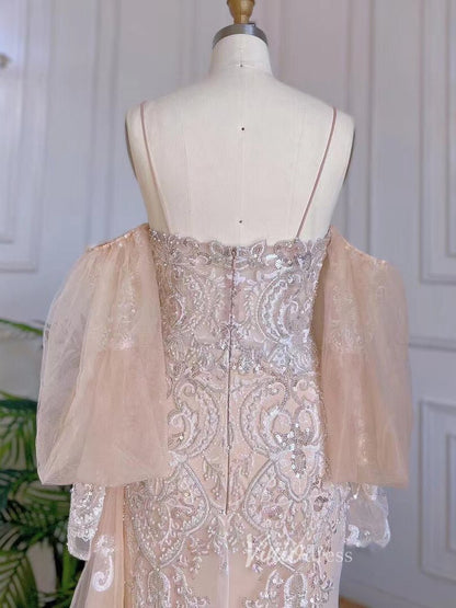 Champagne Sheath Lace Appliqued Prom Dresses Puff Sleeve Evening Dress 20069-Evening Dresses 2025 -Viniodress-Champagne-US 2-