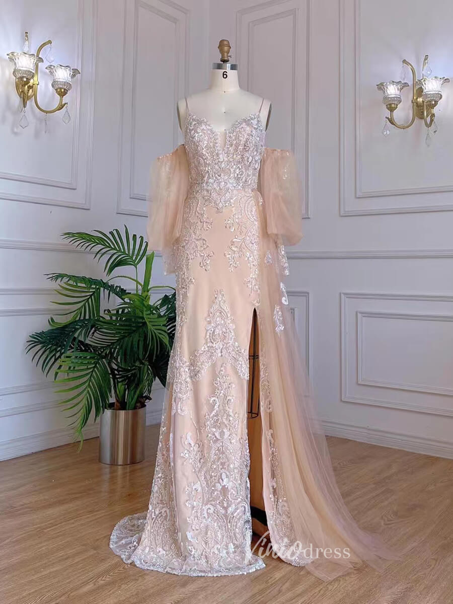 Champagne Sheath Lace Appliqued Prom Dresses Puff Sleeve Evening Dress 20069-Evening Dresses 2025 -Viniodress-Champagne-US 2-