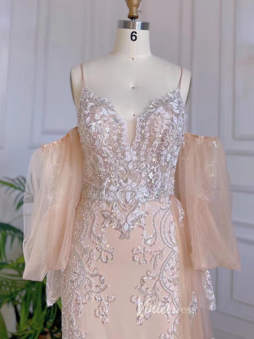 Champagne Sheath Lace Appliqued Prom Dresses Puff Sleeve Evening Dress 20069-Evening Dresses 2025 -Viniodress-Champagne-US 2-