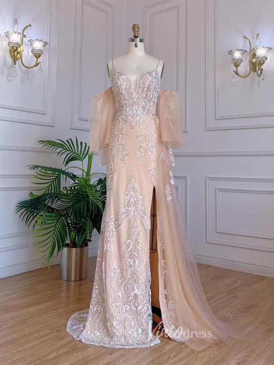 Prom Dress 2025 Champagne Sheath Lace Appliqued Prom Dresses Puff Sleeve Evening Dress 20069-unique prom dresses-Champagne-US 2-Viniodress