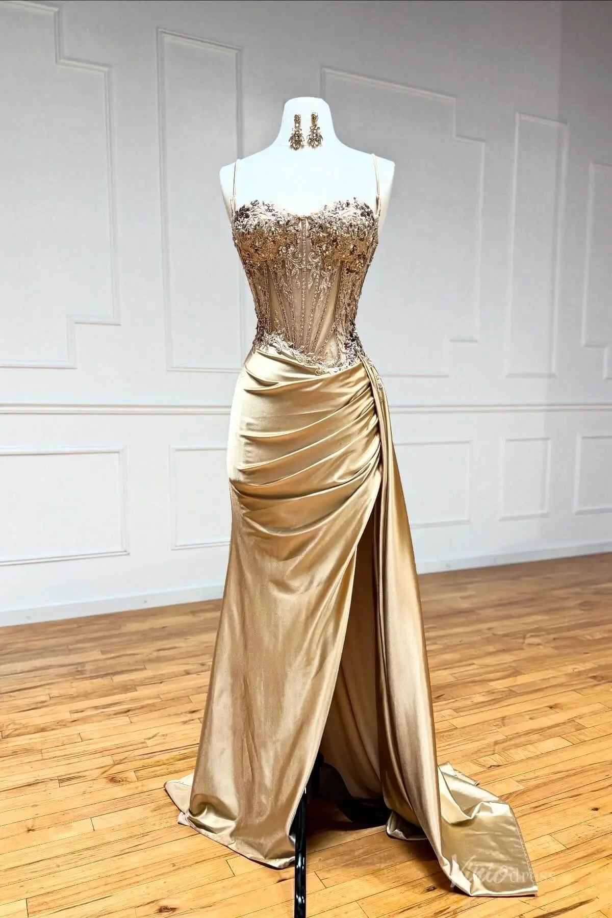 Champagne Sheer Corset Satin Prom Dress with Sweetheart Neckline, Ruched Skirt & High Slit – SS176