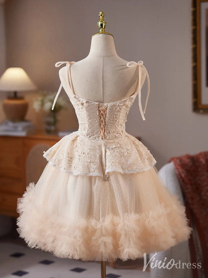 Champagne Spaghetti Strap Homecoming Dress with Lace Corset Bodice and Ruffle Hem Tulle Skirt – BJ086-Homecoming Dresses 2025 -Viniodress-Champagne-Custom Size-