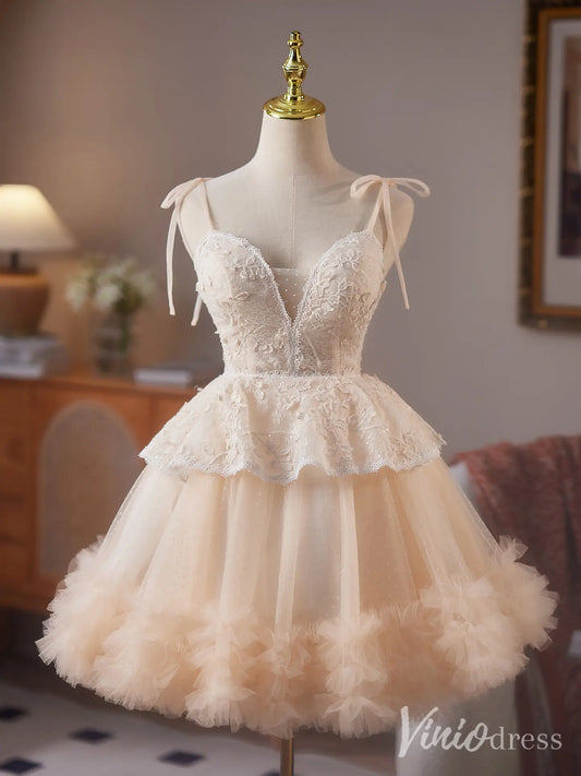 Champagne Spaghetti Strap Homecoming Dress with Lace Corset Bodice and Ruffle Hem Tulle Skirt – BJ086-Homecoming Dresses 2025 -Viniodress-Champagne-Custom Size-