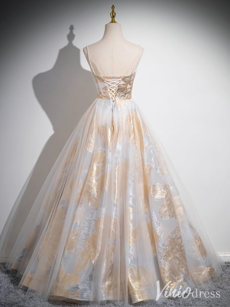 Champagne Spaghetti Strap Prom Dresses Shimmering Lace Formal Dress AD1349-prom dresses 2025 -Viniodress-Champagne-Custom Size-