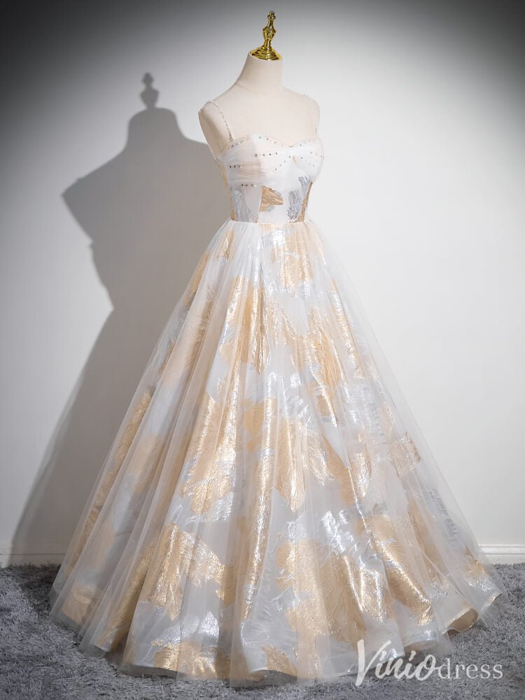 Champagne Spaghetti Strap Prom Dresses Shimmering Lace Formal Dress AD1349-prom dresses 2025 -Viniodress-Champagne-Custom Size-