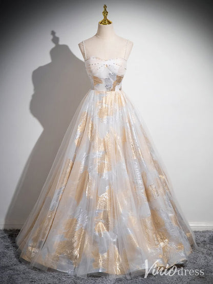 Champagne Spaghetti Strap Prom Dresses Shimmering Lace Formal Dress AD1349-prom dresses 2025 -Viniodress-Champagne-Custom Size-