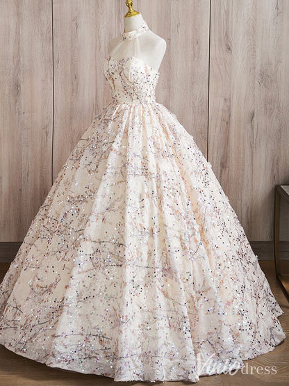Champagne Sparkly Beaded Lace Quinceanera Dresses Halter Neck Ball Gown AD1369-prom dresses 2025 -Viniodress-Champagne-Custom Size-